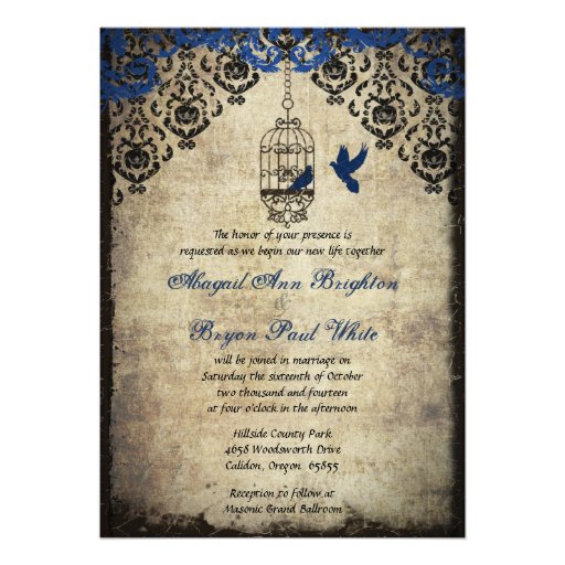 Blue Damask Birdcage Vintage Wedding Invitation
