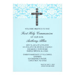 Blue Damask Boys Communion Invitation