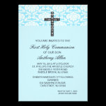 Blue Damask Boys Communion Invitation invitations