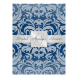Blue Damask Bridal Shower Monogram Invitation