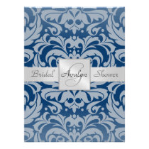 Blue Damask Bridal Shower Monogram Invitation invitations