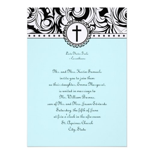 Blue Damask Christian Wedding Invitation
