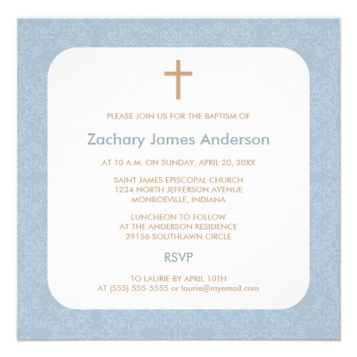 Blue Damask & Cross Baptism Invitations