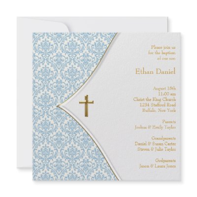 Blue Damask Cross Boy Baptism Christening Personalized Announcements by InvitationCentral