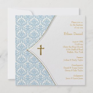 Blue Damask Cross Boy Baptism Christening Personalized Announcements
