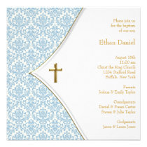 Blue Damask Cross Boy Baptism Christening invitations