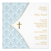 Blue Damask Cross Boy Baptism Christening Personalized Announcements