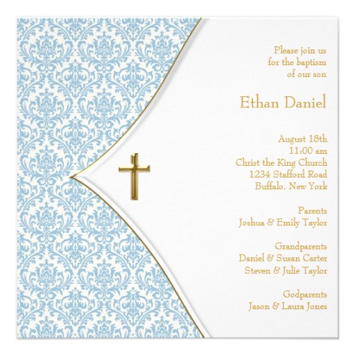 Blue Damask Cross Boy Baptism Christening Personalized Announcements (front side)