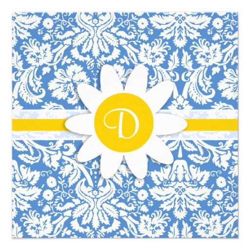 Blue Damask; Daisy Custom Invitation