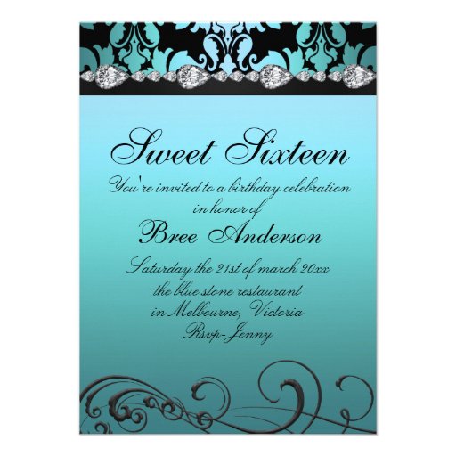 Blue Damask & Diamond Image Sweet 16 Invite