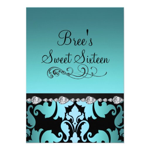 Blue Damask & Diamond Image Sweet 16 Invite