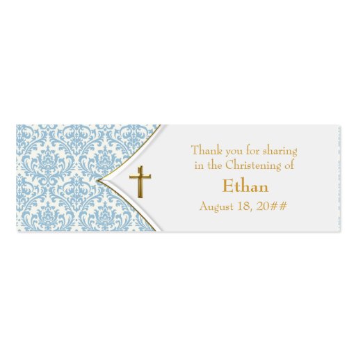 Blue Damask Gold Cross Bomboniere Tags Business Card Template (front side)