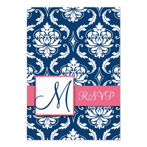 Blue Damask Initial RSVP Cards for Square Invites