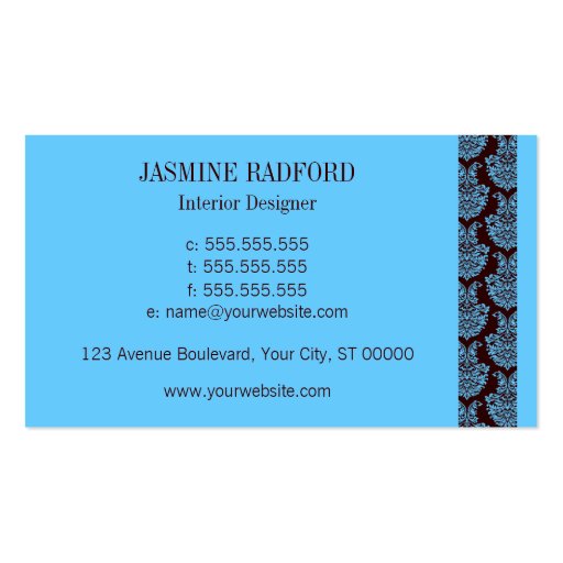 Blue Damask Interior Design Business Card (back side)