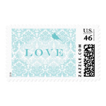 Blue Damask Love Birds Postage