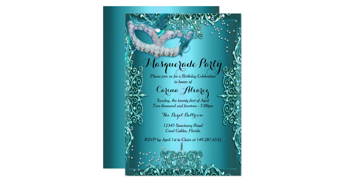 Blue Damask Masquerade Birthday Invitation Zazzle
