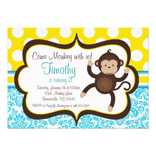 Blue Damask Mod Monkey Boys Birthday Party Invite