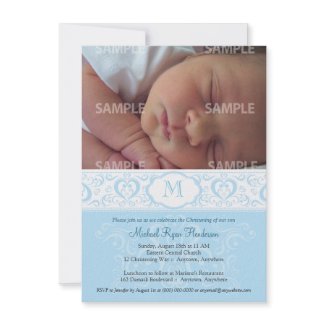 Blue Damask Monogram Baptism/Christening invitation