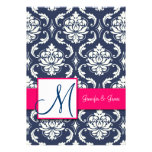 Blue Damask Monogram Invitations Pink 5 x 7