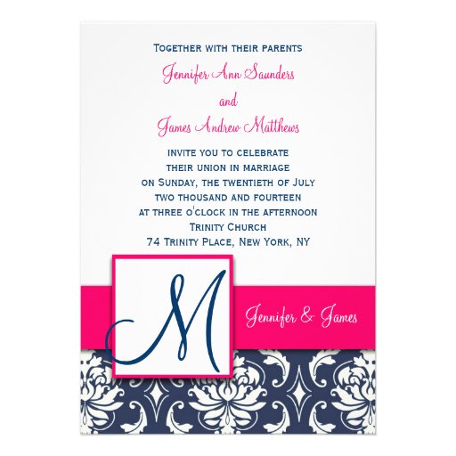Blue Damask Monogram Invitations Pink 5 x 7