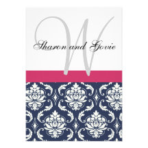 Blue Damask Monogram Names Wedding Invitation