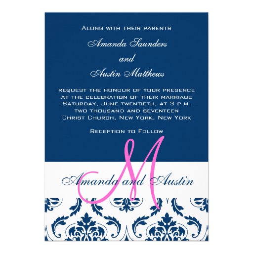 Blue Damask Monogram Photo Wedding Invitations