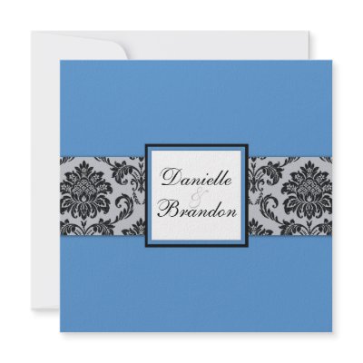 Blue Damask Monogram Wedding Invitation (10-pack)