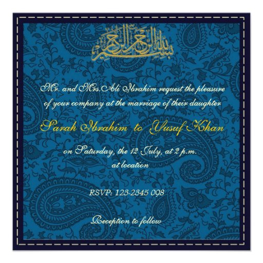 Blue Damask Muslim wedding Custom Invitations