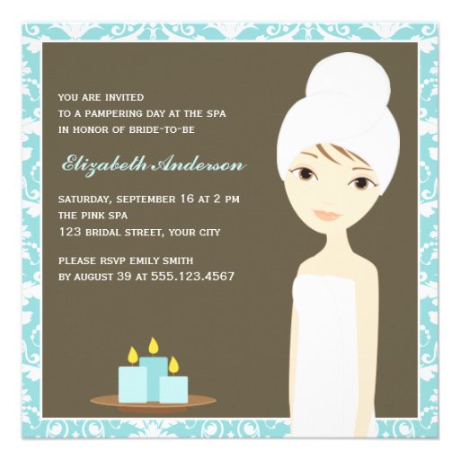 Blue Damask Pattern Spa Bridal Shower Invitation