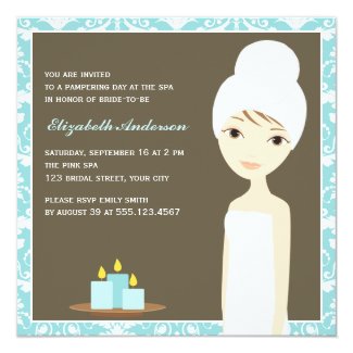 Blue Damask Pattern Spa Bridal Shower 5.25x5.25 Square Paper Invitation Card