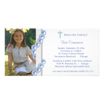Blue Damask Pearls First Communion Photo Invite Photo Greeting Card