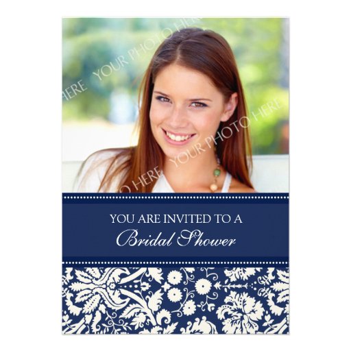 Blue Damask Photo Bridal Shower Invitation Card