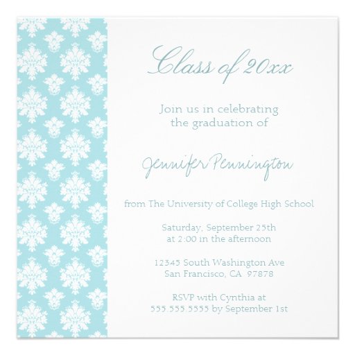 Blue damask photo graduation party announcement