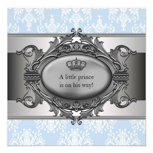 Blue Damask Prince Baby Boy Shower Invitation