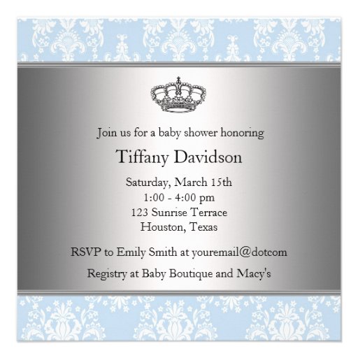 Blue Damask Prince Baby Boy Shower Invitation