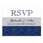 Blue Damask RSVP Wedding Response R205 postcards