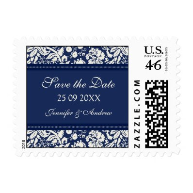 Blue Damask Save the Date Wedding Stamps