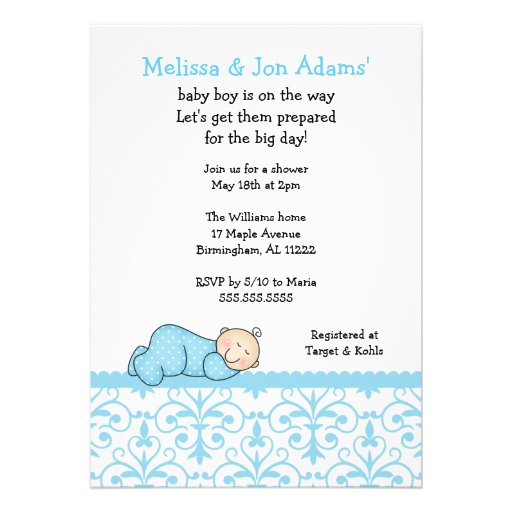 Blue Damask Sleeping Baby Boy Shower Invite