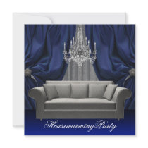 Blue Damask Sofa Chandelier Housewarming Party Personalized Invitation