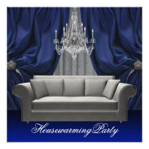 Blue Damask Sofa Chandelier Housewarming Party Personalized Invitation