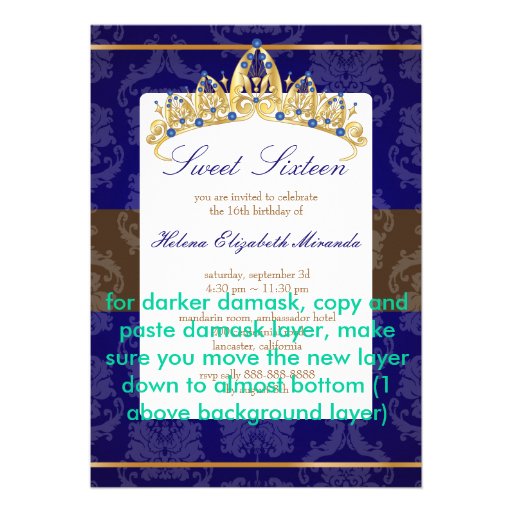 Blue Damask Sweet 16/ tiara/indigo invitations