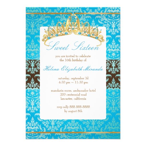 Blue Damask Sweet 16/ tiara/turquoise invitations