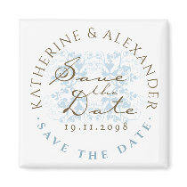 Blue Damask Swirls Save The Date Custom Magnet by fatfatin_blue_knot Blue Damask Swirls Save The Date Custom Magnet
