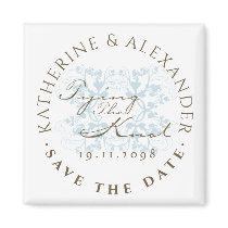 Blue Damask Swirls Tying The Knot Save Date Magnet by fatfatin_blue_knot Blue Damask Swirls Tying The Knot Save Date Magnet