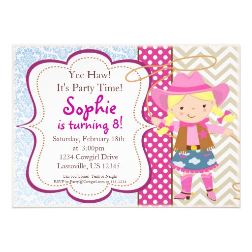 Blue Damask, Tan Chevron Cowgirl Birthday Party Personalized Invite