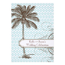 Blue Damask Tropical Palm Wedding Invitation