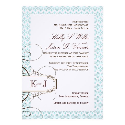 Blue Damask Tropical Palm Wedding Invitation