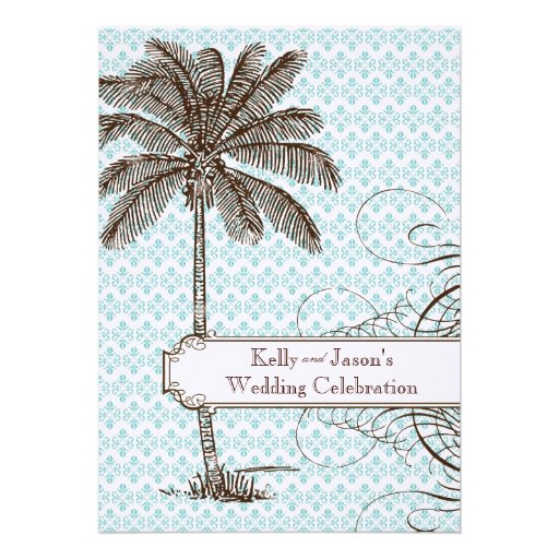 Blue Damask Tropical Palm Wedding Invitation