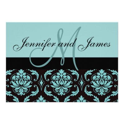 Blue Damask Wedding Invitation Monogram Names