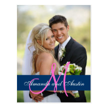 Blue Damask Wedding Photo Thank You Postcard